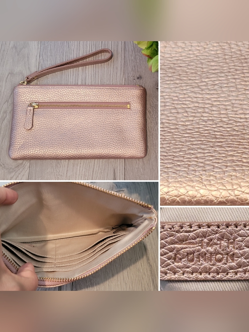 14th & Union Metallic Rose Gold Pebble Leather Wristlet Gold Accents, 8.5"x4.5"
